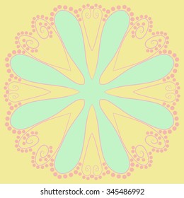 Circular pattern  of floral  motif, doodles, branches, ellipses, spirals, stylized flower. Hand drawn.