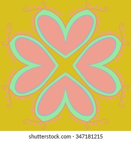 Circular pattern  of floral  motif, doodles, branches, twigs,ellipses, spots, spirals. Hand drawn.