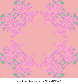 Circular pattern  of floral  motif, doodles, branches, spots, hole. Hand drawn.