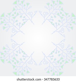 Circular pattern  of floral  motif, doodles, branches, spots, hole. Hand drawn.