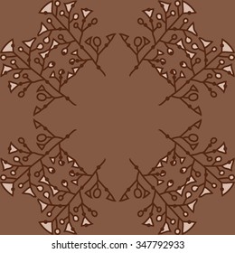 Circular pattern  of floral  motif, doodles, branches, spots, hole. Hand drawn.