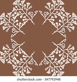 Circular pattern  of floral  motif, doodles, branches, spots, hole. Hand drawn.
