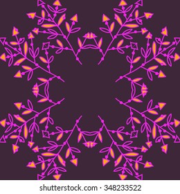 Circular  pattern  of floral motif, doodles, branches, spots, hole. Hand drawn.