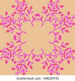 Circular  pattern  of floral motif, doodles, branches, spots, hole. Hand drawn.