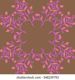 Circular  pattern  of floral motif, doodles, branches, spots, hole. Hand drawn.