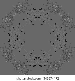 Circular  pattern  of floral motif, doodles, branches, spots, hole. Hand drawn.