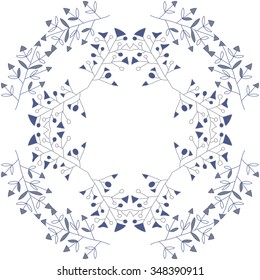 Circular  pattern  of floral motif, doodles, branches, spots, hole. Hand drawn.