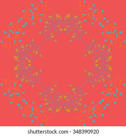 Circular  pattern  of floral motif, doodles, branches, spots, hole. Hand drawn.