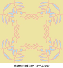 Circular pattern  of floral motif, doodles, branches, spots,leaves, hole. Hand drawn.