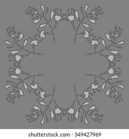Circular pattern  of floral motif, doodles, branches, spots,leaves, hole. Hand drawn.