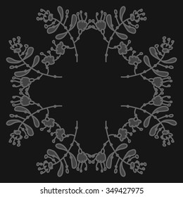 Circular pattern  of floral motif, doodles, branches, spots,leaves, hole. Hand drawn.