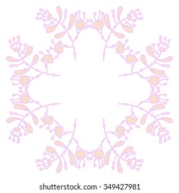 Circular pattern  of floral motif, doodles, branches, spots,leaves, hole. Hand drawn.
