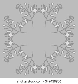 Circular pattern  of floral motif, doodles, branches, spots,leaves, hole. Hand drawn.