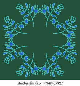 Circular pattern  of floral motif, doodles, branches, spots,leaves, hole. Hand drawn.