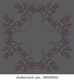 Circular pattern  of floral motif, doodles, branches, spots,leaves, hole. Hand drawn.