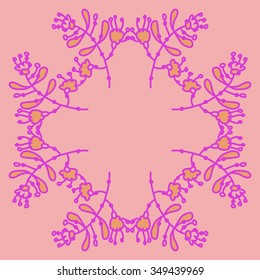 Circular pattern  of floral motif, doodles, branches, spots,leaves, hole. Hand drawn.