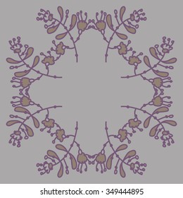 Circular pattern  of floral motif, doodles, branches, spots,leaves, hole. Hand drawn.