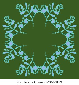 Circular pattern  of floral motif, doodles, branches, spots,leaves, hole. Hand drawn.