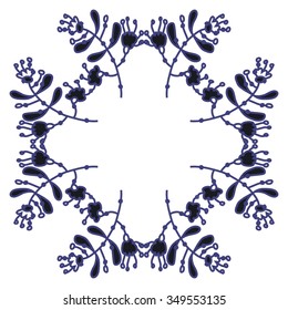 Circular pattern  of floral motif, doodles, branches, spots,leaves, hole. Hand drawn.