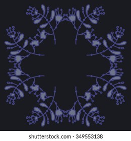 Circular pattern  of floral motif, doodles, branches, spots,leaves, hole. Hand drawn.