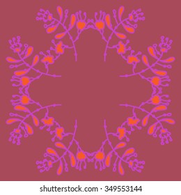 Circular pattern  of floral motif, doodles, branches, spots,leaves, hole. Hand drawn.