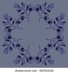 Circular pattern  of floral motif, doodles, branches, spots,leaves, hole. Hand drawn.