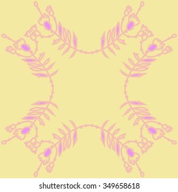 Circular pattern  of floral motif, doodles, branches, spots,leaves, hole. Hand drawn.