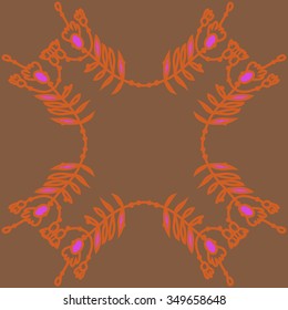 Circular pattern  of floral motif, doodles, branches, spots,leaves, hole. Hand drawn.