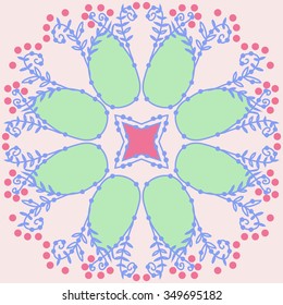 Circular pattern  of floral motif, doodles, branches, spots,leaves, spirals, hole, stars. Hand drawn.