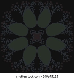 Circular pattern  of floral motif, doodles, branches, spots,leaves, spirals, hole, stars. Hand drawn.