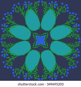 Circular pattern  of floral motif, doodles, branches, spots,leaves, spirals, hole, stars. Hand drawn.
