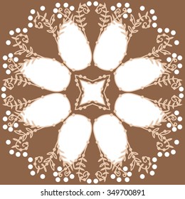 Circular pattern  of floral motif, doodles, branches, spots,leaves, spirals, hole, stars. Hand drawn.