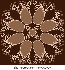 Circular pattern  of floral motif, doodles, branches, spots,leaves, spirals, hole, stars. Hand drawn.