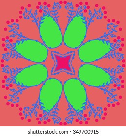 Circular pattern  of floral motif, doodles, branches, spots,leaves, spirals, hole, stars. Hand drawn.