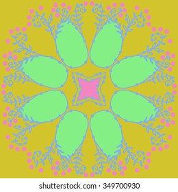 Circular pattern  of floral motif, doodles, branches, spots,leaves, spirals, hole, stars. Hand drawn.