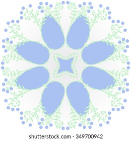 Circular pattern  of floral motif, doodles, branches, spots,leaves, spirals, hole, stars. Hand drawn.
