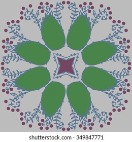 Circular pattern  of floral motif, doodles, branches, spots,leaves, spirals, hole, stars. Hand drawn.