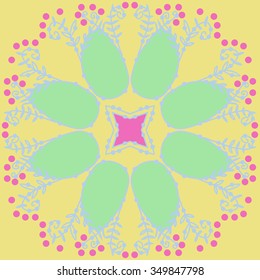 Circular pattern  of floral motif, doodles, branches, spots,leaves, spirals, hole, stars. Hand drawn.
