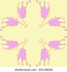Circular pattern  of floral motif, doodles, hole, spots,stamens, ellipses. Hand drawn.