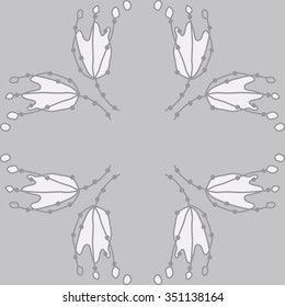 Circular pattern  of floral motif, doodles, hole, spots,stamens, ellipses. Hand drawn.