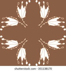Circular pattern  of floral motif, doodles, hole, spots,stamens, ellipses. Hand drawn.