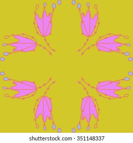 Circular pattern  of floral motif, doodles, hole, spots,stamens, ellipses. Hand drawn.