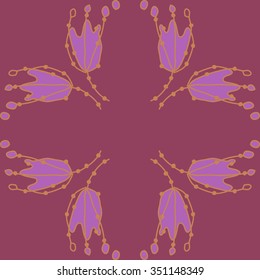 Circular pattern  of floral motif, doodles, hole, spots,stamens, ellipses. Hand drawn.