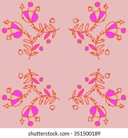 Circular pattern  of floral motif, doodles, hole, spots,stamens,leaves. Hand drawn.