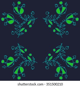 Circular pattern  of floral motif, doodles, hole, spots,stamens,leaves. Hand drawn.