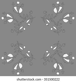 Circular pattern  of floral motif, doodles, hole, spots,stamens,leaves. Hand drawn.
