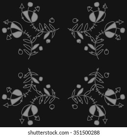 Circular pattern  of floral motif, doodles, hole, spots,stamens,leaves. Hand drawn.