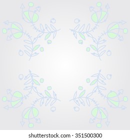 Circular pattern  of floral motif, doodles, hole, spots,stamens,leaves. Hand drawn.