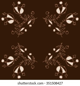 Circular pattern  of floral motif, doodles, hole, spots,stamens,leaves. Hand drawn.