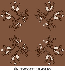 Circular pattern  of floral motif, doodles, hole, spots,stamens,leaves. Hand drawn.